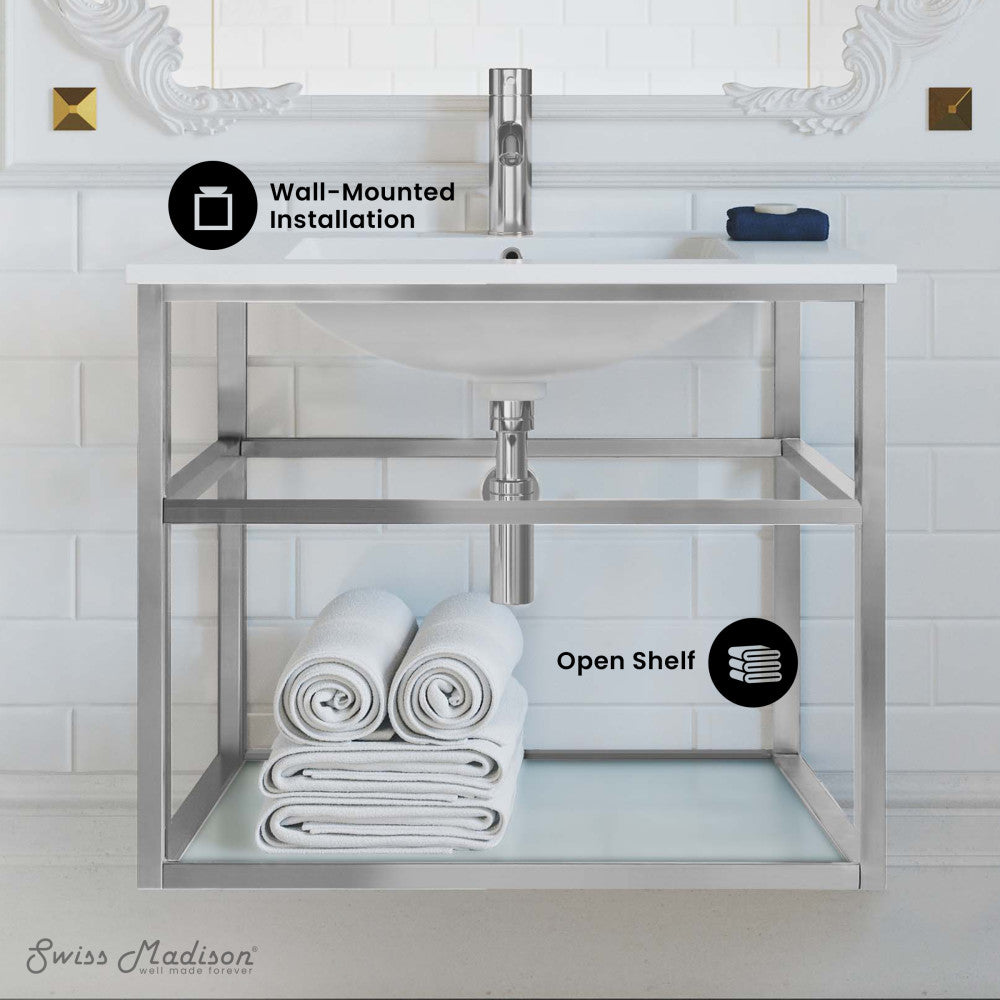 Pierre 30 Single, Open Shelf, Chrome Metal Frame Bathroom Vanity