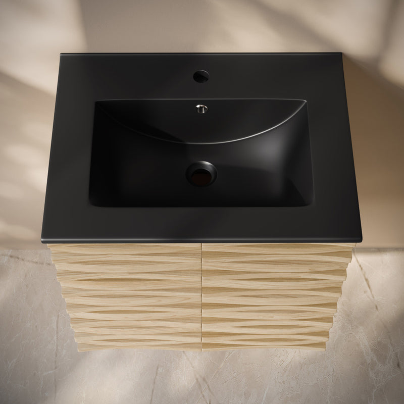 Cascade 24" Wall-Mounted Bathroom Vanity in Natural Oak with Black Sink Top