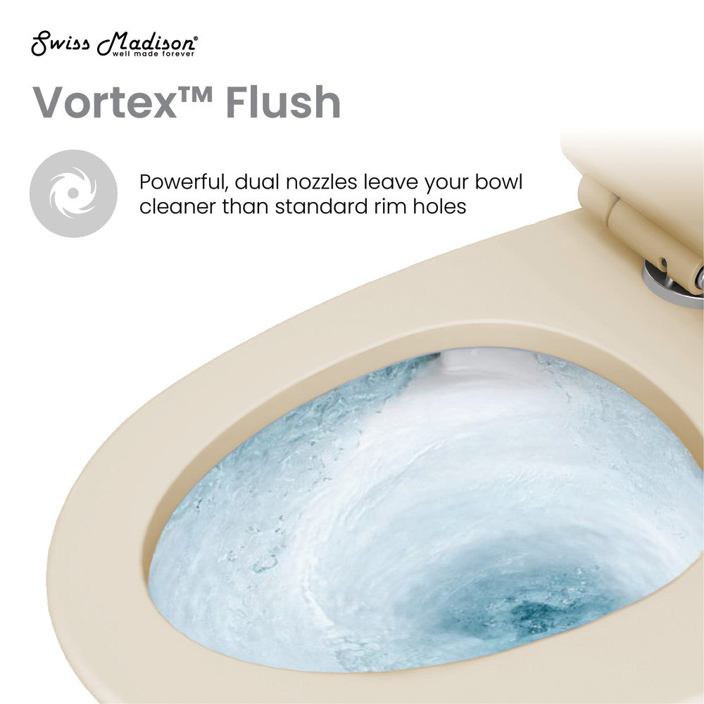 Elongated one-piece toilet in bisque with dual flush and skirted trapway design.