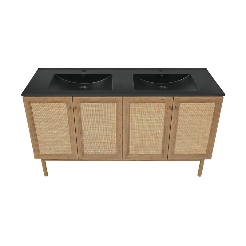 Classe 60 in. Brown Oak, Double Basin Bathroom Vanity With Black Artificial Stone Sink Top