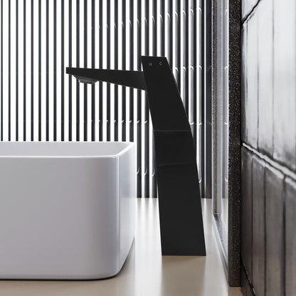 Single-handle high arc bathroom faucet in matte black, single hole installation.