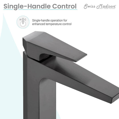 Single-handle bathroom faucet in gunmetal gray, high arc design.