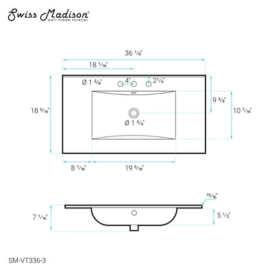 36" Ceramic Vanity Top with Three Faucet Holes