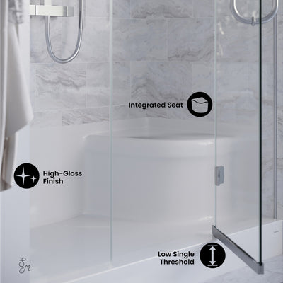 Aquatique 60" x 32" Single Threshold Shower Base With Left Hand Drain and Integral Right Hand Seat in White