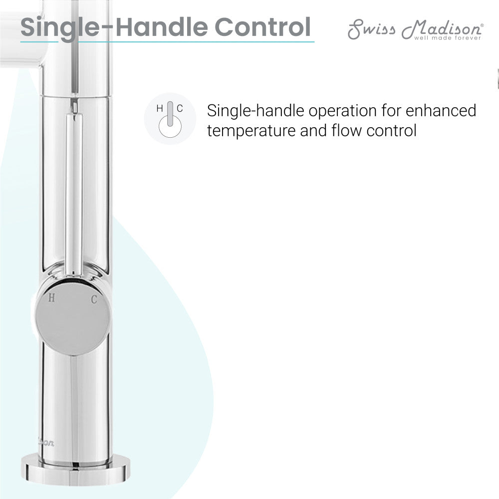 Single-handle kitchen faucet in chrome, pull-down sprayer with pot filler, sleek modern design.
