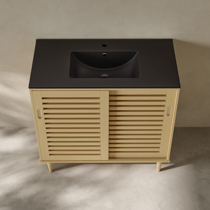 Delice 36" Freestanding Bathroom Vanity in Natural Oak with Black Sink Top