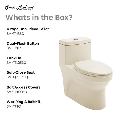 Elongated one-piece toilet in bisque with dual flush and soft-close seat.