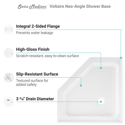 Voltaire 42" x 42" Acrylic White, Single-Threshold, Center Drain, Neo-angle Shower Base