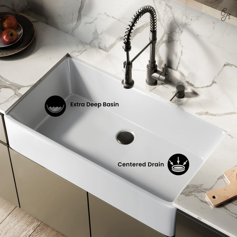 Elegance 36" x 20" Single Basin Fireclay Farmhouse Kitchen Sink in Glossy White with Stainless Steel Grid