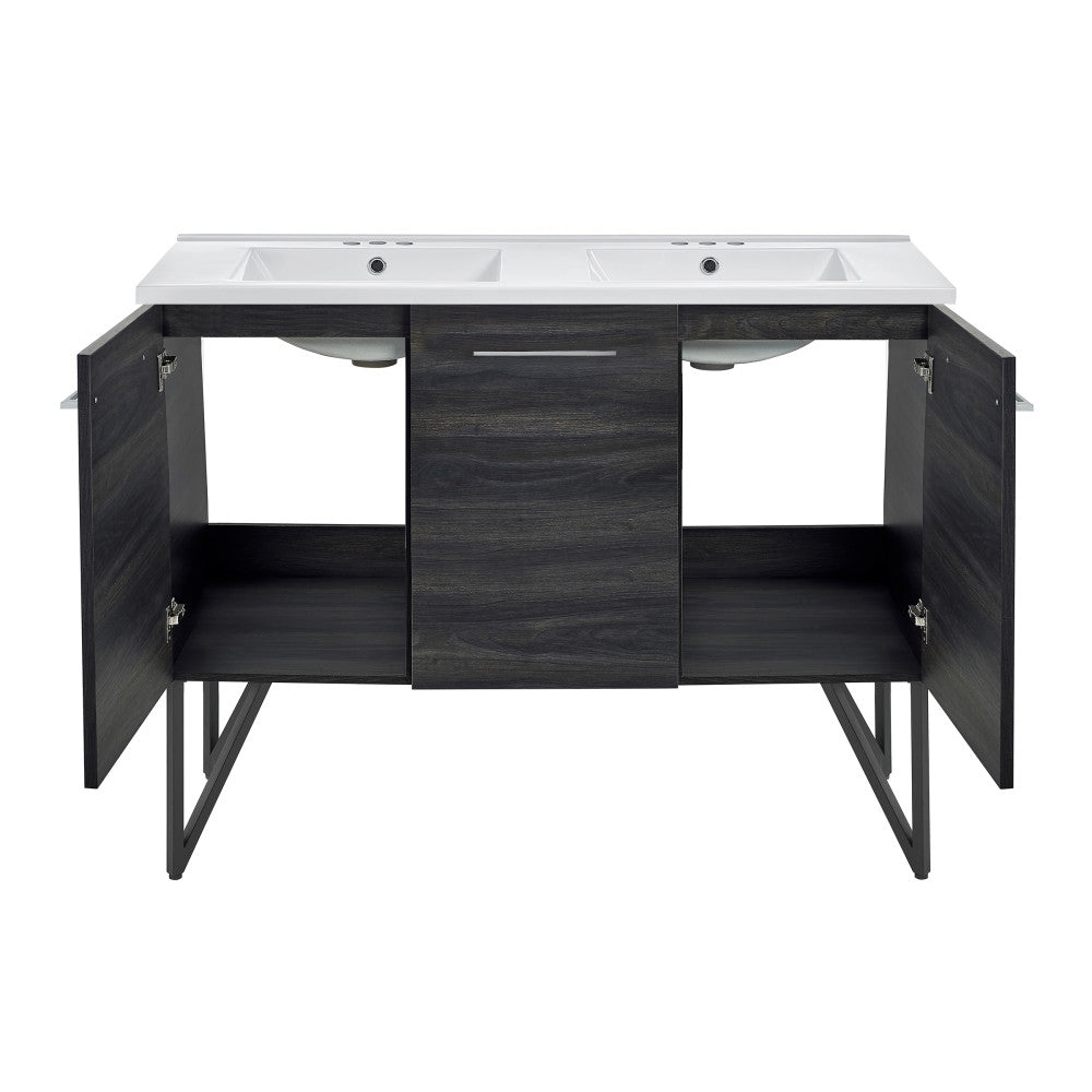 Annecy 48 in. Black Walnut, Double Basin Bathroom Vanity With White, 3-Hole Centerset Ceramic Sink Top