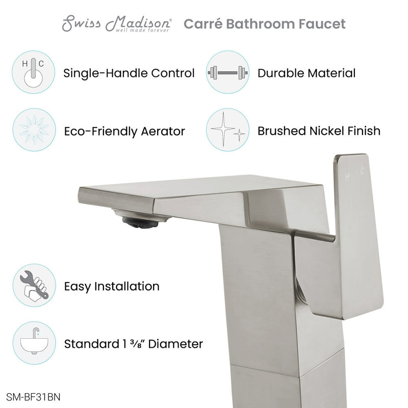 Carre Single Hole, Single-Handle, High Arc Bathroom Faucet in Brushed Nickel