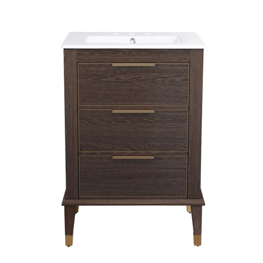 Hugo 24 in. Brown Oak Bathroom Vanity With White, 3-Hole Ceramic Sink Top