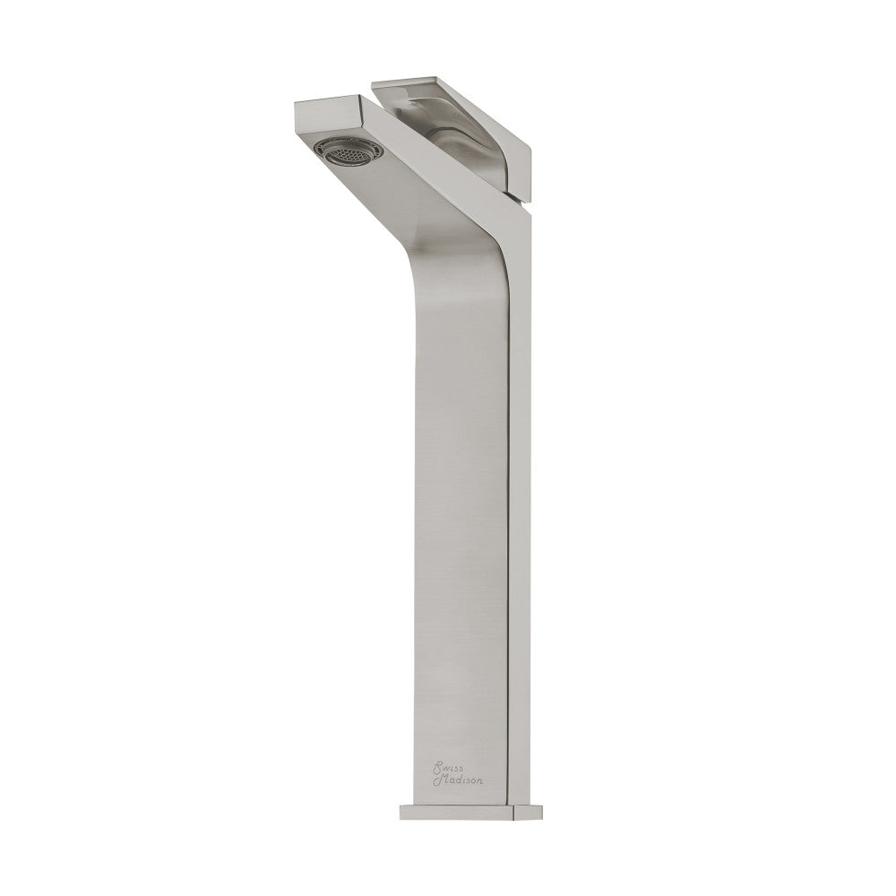 Single-handle high arc bathroom faucet in brushed nickel, sleek modern design.