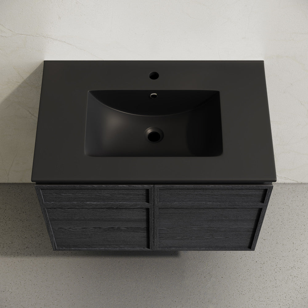 St. Tropez 30" Wall-Mounted Bathroom Vanity in Black Oak with Black Sink Top