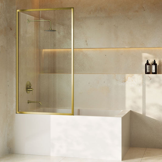 Pierre 34 x 58 Framed Fixed 3/8 in. (10mm) Clear Tempered Glass Tub Door with Brushed Gold Frame