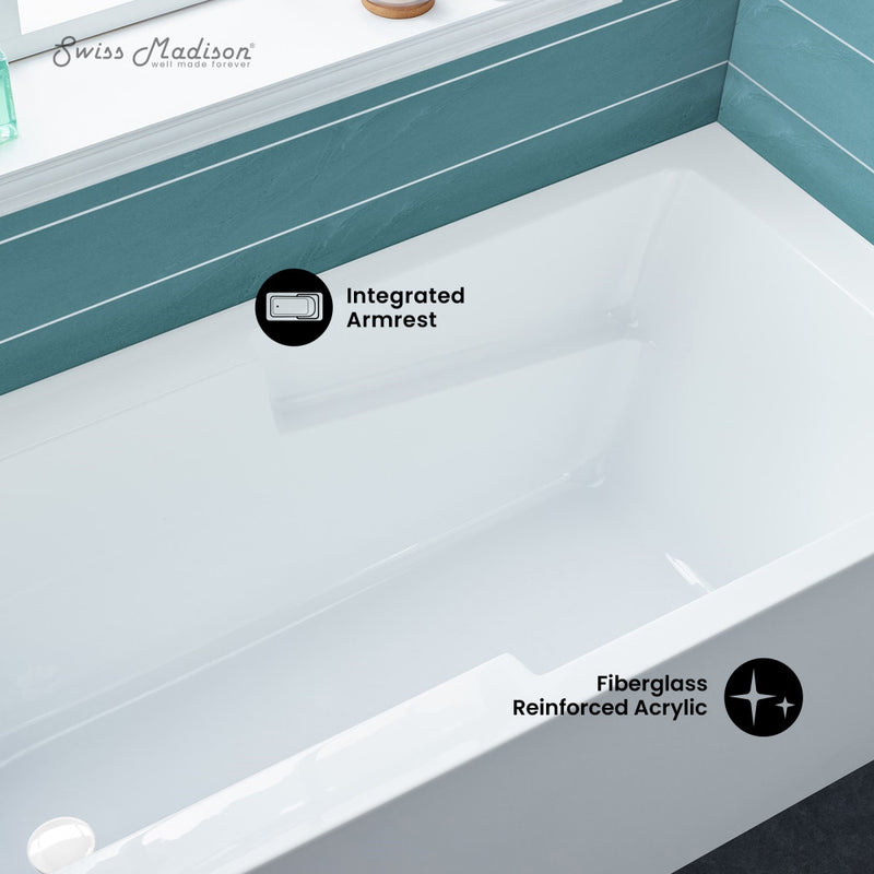 Voltaire 54 x 30 Skirted Left Drain Soaking Apron Bathtub in Glossy White with Integrated Overflow and Armrest, Drain Included