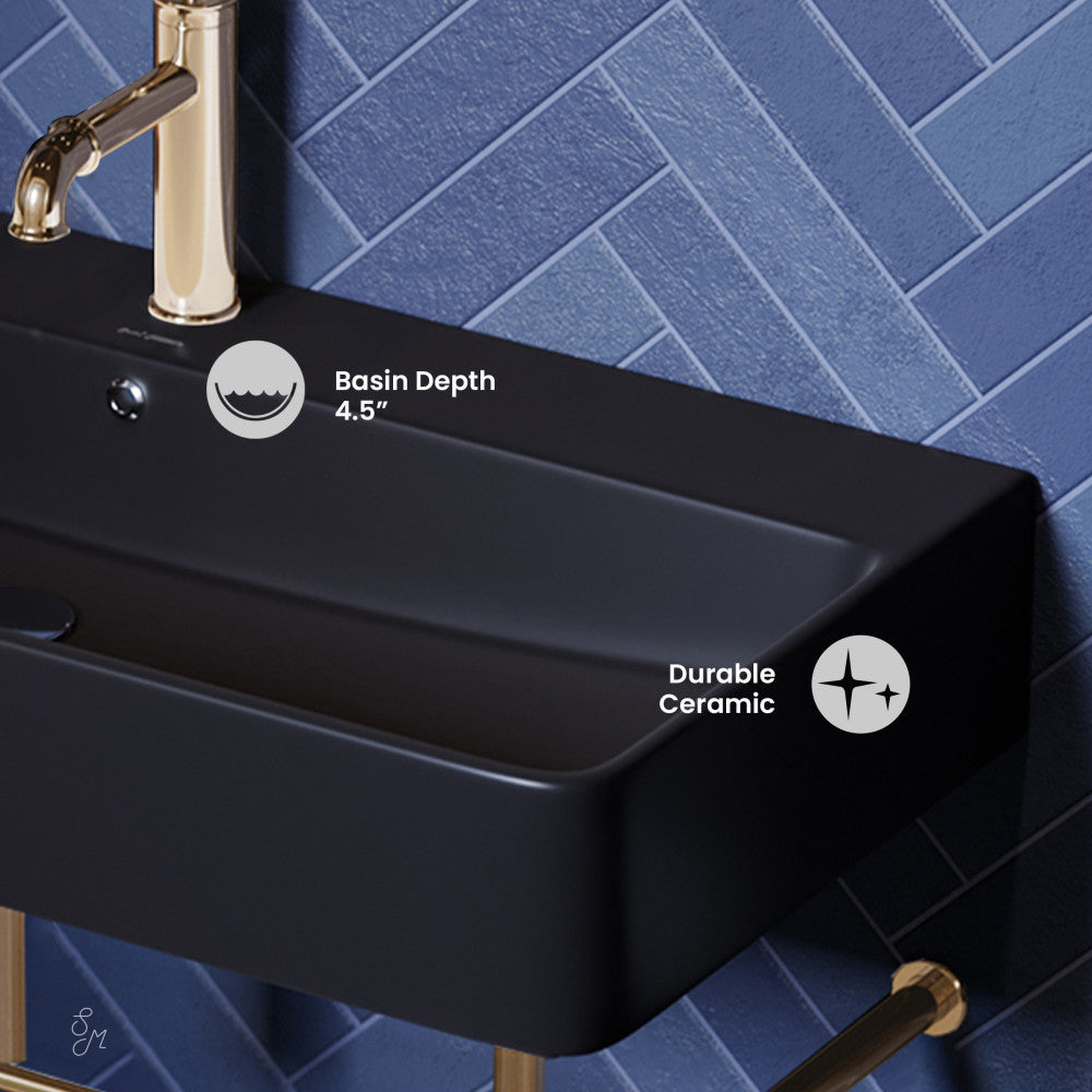 Carre 36 Ceramic Console Sink Matte Black Basin Gold Legs