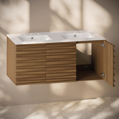 Cascade 48" Wall-Mounted Bathroom Vanity in Brown Oak with 3-Hole Widespread Double Basin Sink Top