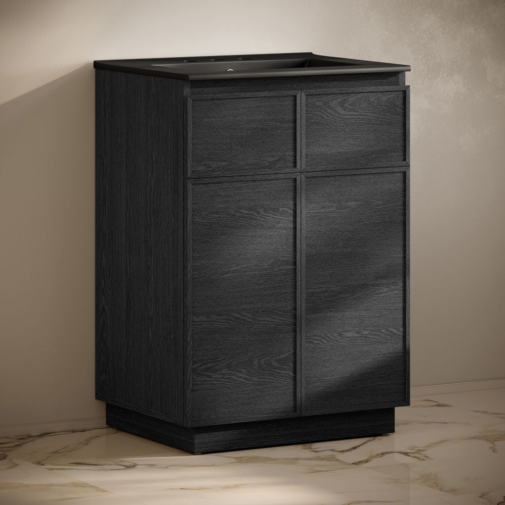St. Tropez 24" Freestanding Bathroom Vanity in Black Oak with Black 3-Hole Widespread Sink Top