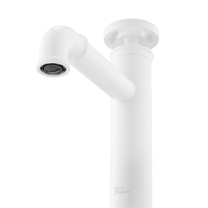 Single-handle bathroom faucet in matte white, wheel handle, single hole mount.