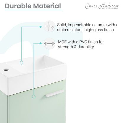 18-inch wall-mounted mint bathroom vanity with single sink and soft-close door.