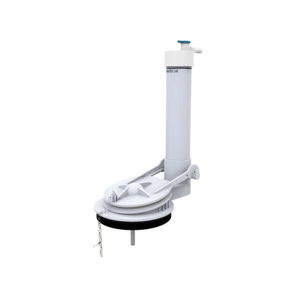 Toilet flush valve replacement part in white plastic with lever and chain mechanism.