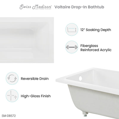 Voltaire 54" x 30" Reversible Drain Drop-In Bathtub