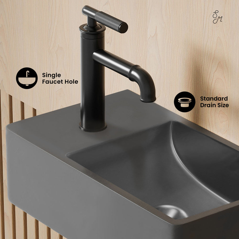 Lisse 16" Concrete Rectangle Wall-Mounted Sink with Left Side Faucet Mount in Matte Dark Gray