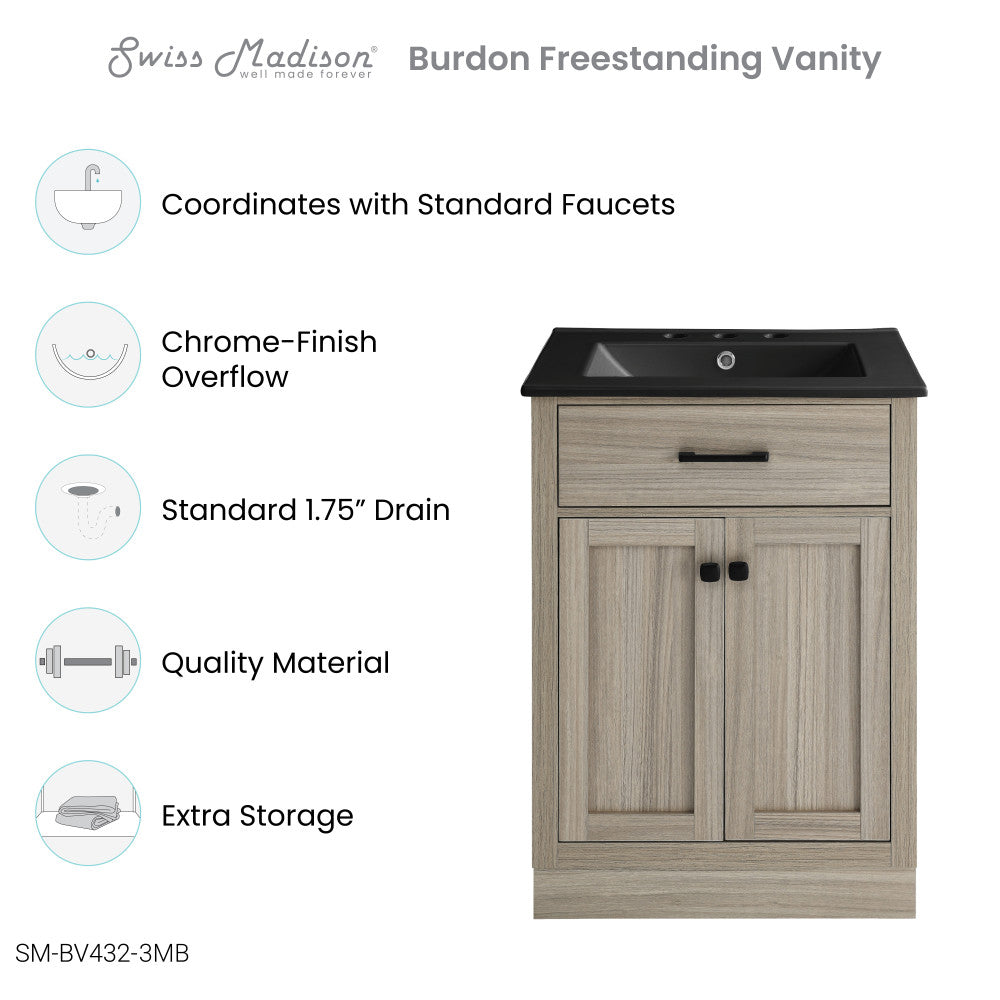 Burdon 24 in. Brown Oak Bathroom Vanity With Black, 3-Hole Ceramic Sink Top