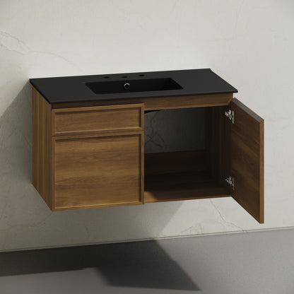 St. Tropez 36" Wall-Mounted Bathroom Vanity in Brown Oak with Black 3-Hole Widespread Sink Top