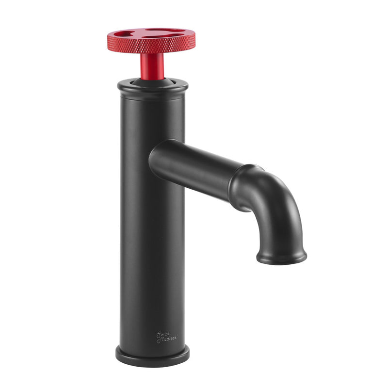Avallon Single Hole, Single-Handle, Bathroom Faucet in Matte Black with Red Handle