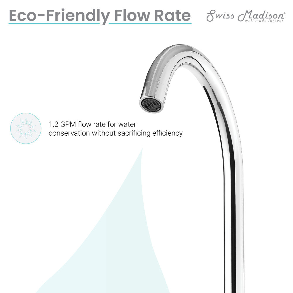 Widespread bathroom faucet in chrome with eco-friendly 1.2 GPM water flow rate and high curved spout.