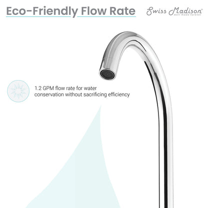 Widespread bathroom faucet in chrome with eco-friendly 1.2 GPM water flow rate and high curved spout.