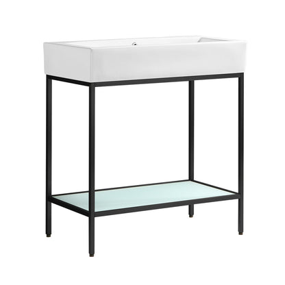 32-inch freestanding bathroom vanity with open shelf and rectangular white sink top in black frame.