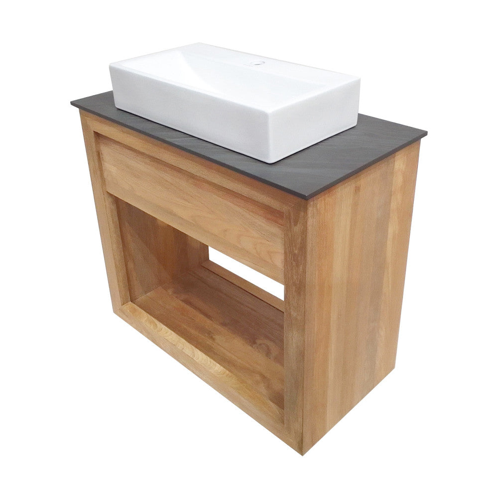 36-inch freestanding bathroom vanity in natural teak with single rectangular white sink top.