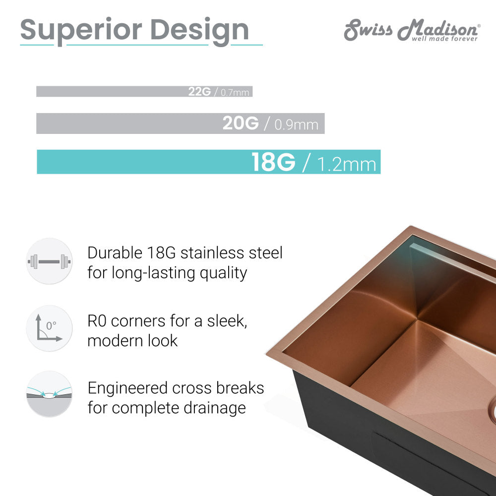 30x19 rose gold stainless steel undermount kitchen sink, single basin with R0 corners and engineered drainage.