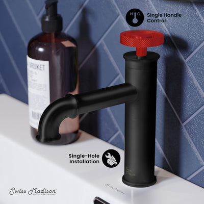 Avallon Single Hole, Single-Handle, Bathroom Faucet in Matte Black with Red Handle