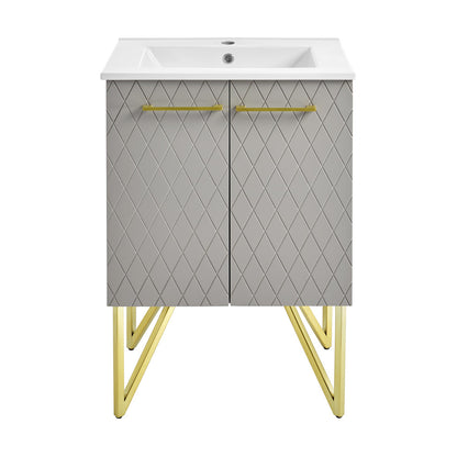 24-inch freestanding bathroom vanity in diamond gray with single sink and gold metal handles and legs.