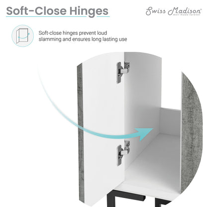 24-inch freestanding bathroom vanity with two soft-close doors and open shelf in white.