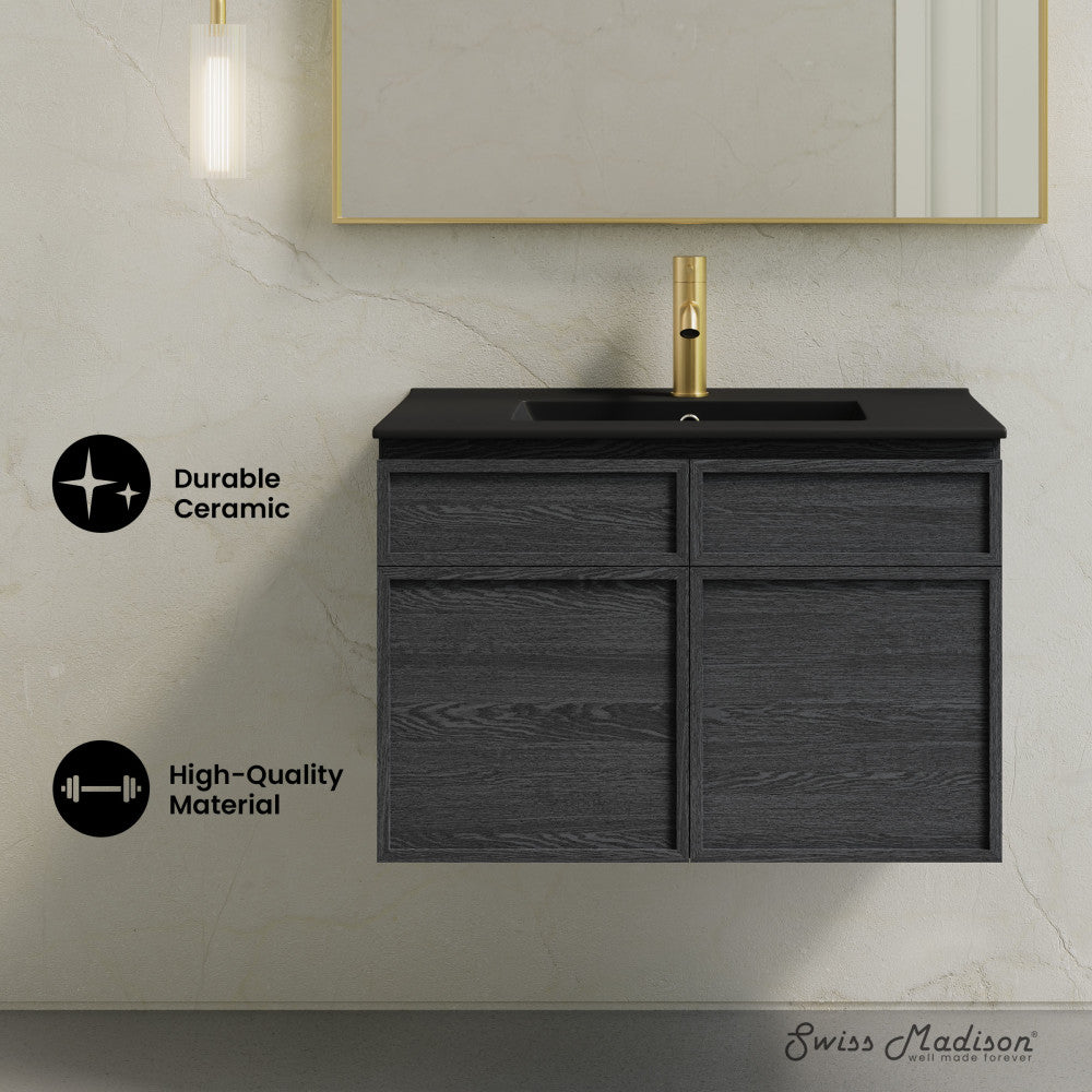 St. Tropez 30" Wall-Mounted Bathroom Vanity in Black Oak with Black Sink Top