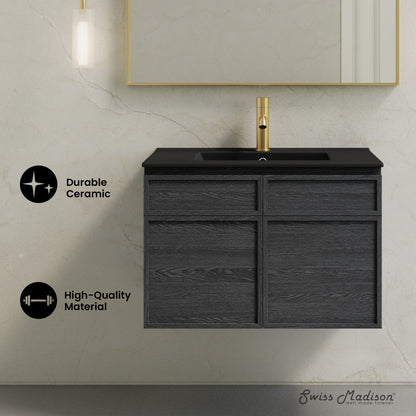 St. Tropez 30" Wall-Mounted Bathroom Vanity in Black Oak with Black Sink Top