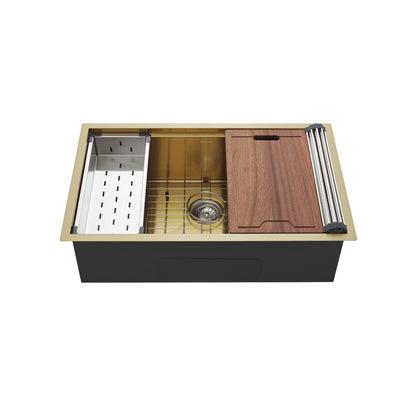32" undermount stainless steel kitchen sink in polished gold with wooden cutting board and accessories.