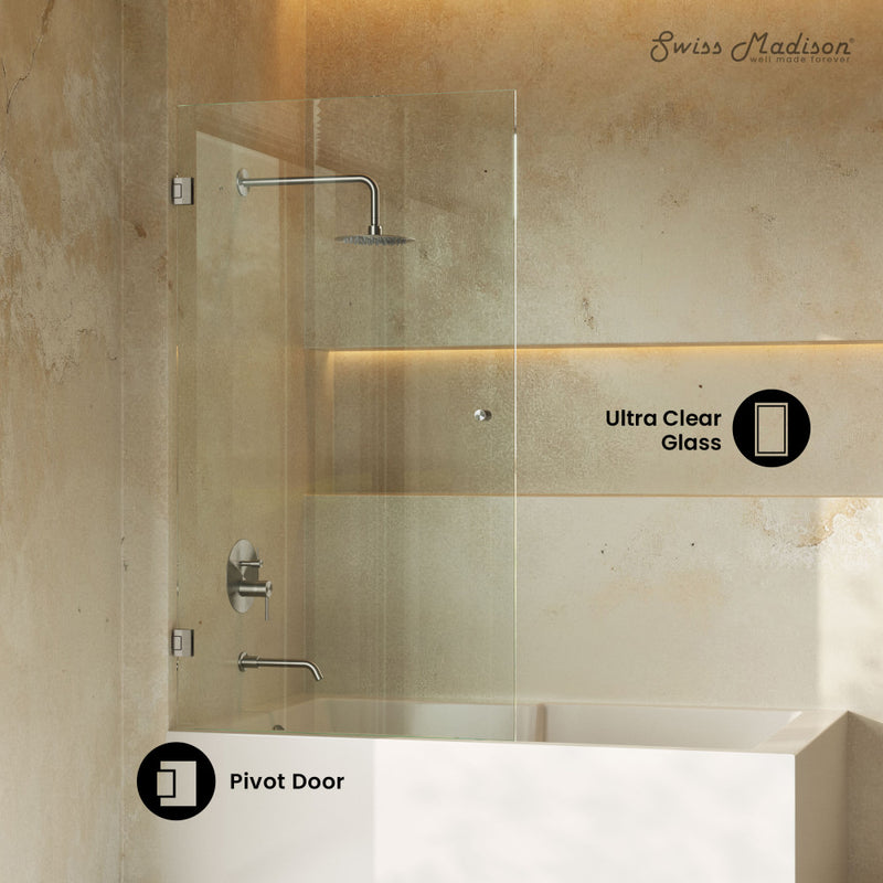 Voltaire 24 x 58 Frameless Pivot 3/8 in. (10mm) Ultra Clear Tempered Glass Tub Door with Nickel Brushed Hardware