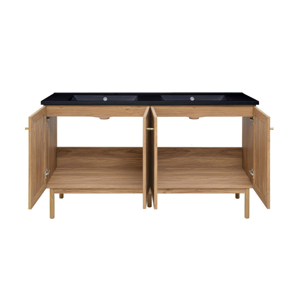 Classe 60" Freestanding Bathroom Vanity in Golden Oak with Black 3-Hole Widespread Double Basin Sink Top