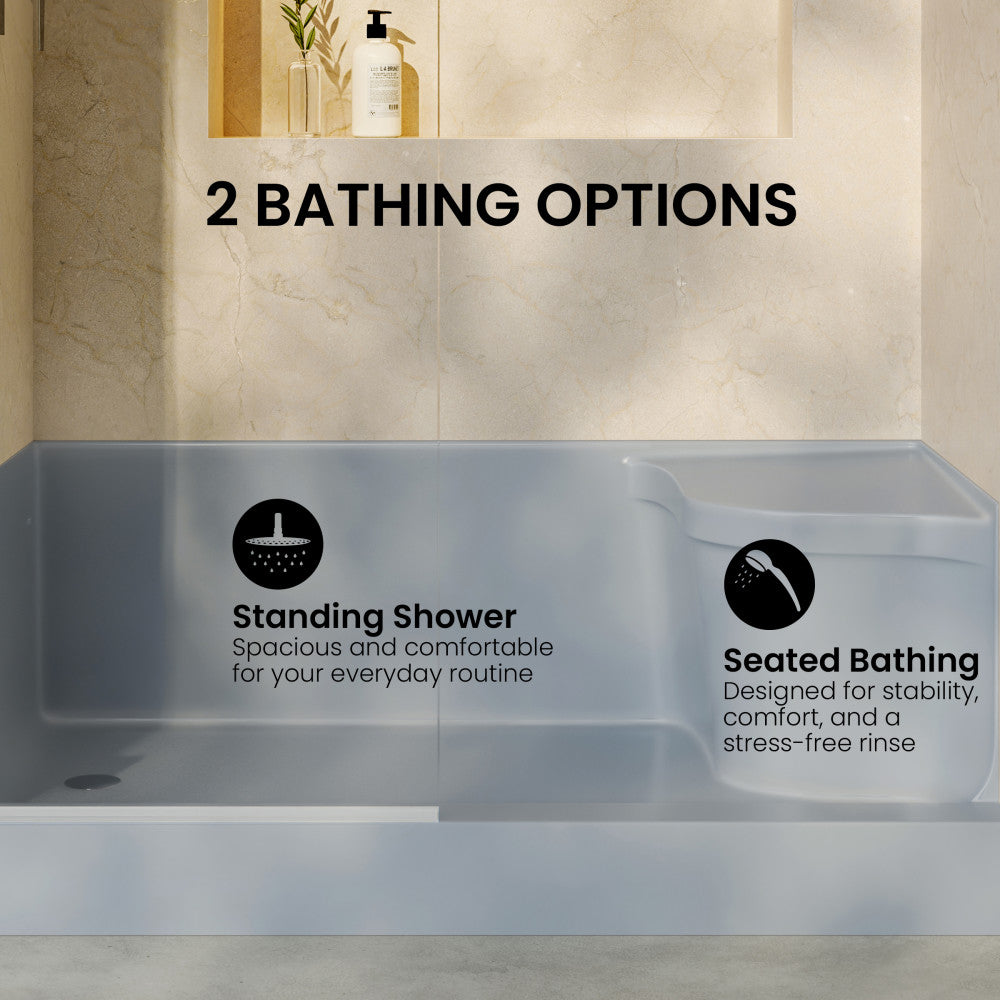 Aquatique 60" x 32" Single Threshold Shower Base With Left Hand Drain and Integral Right Hand Seat in Gray