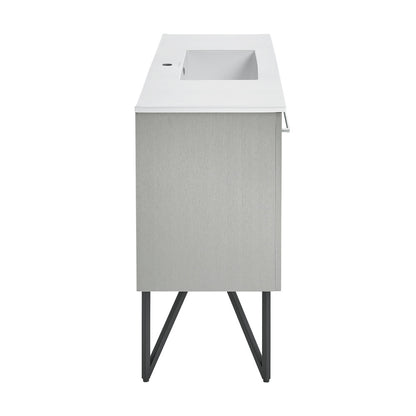 48-inch freestanding gray bathroom vanity with single integrated sink and black metal legs.