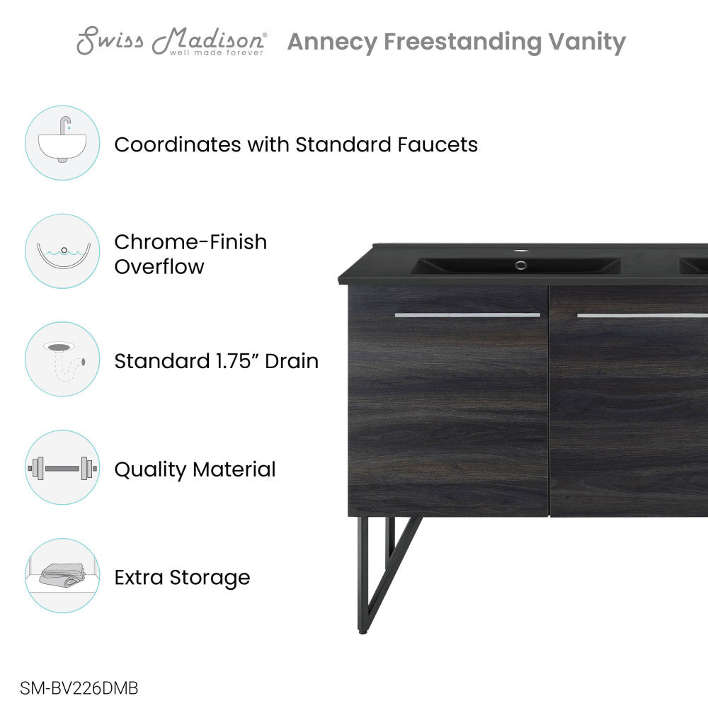 Annecy 60 in. Black Walnut, Double Basin Bathroom Vanity With Black Artificial Stone Sink Top