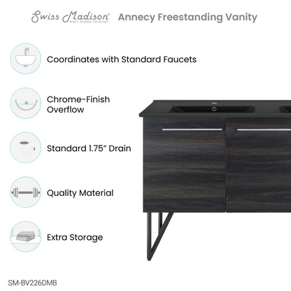 Annecy 60 in. Black Walnut, Double Basin Bathroom Vanity With Black Artificial Stone Sink Top