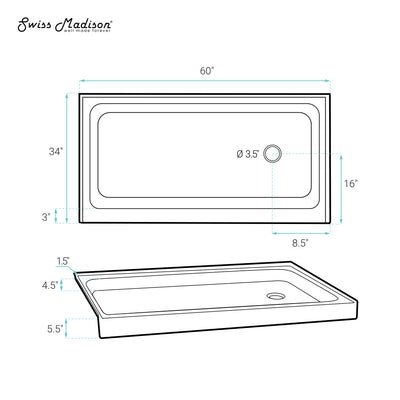 Voltaire 60" x 34" Acrylic White, Single-Threshold, Right Side Drain, Shower Base