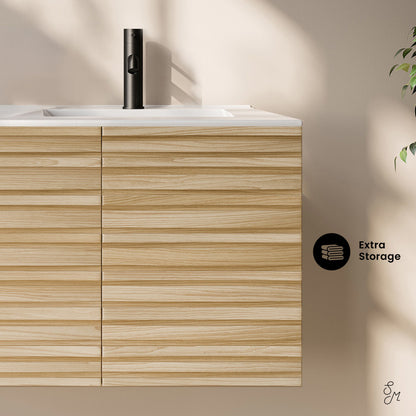 Cascade 48" Wall-Mounted Bathroom Vanity in Natural Oak with Double Basin Sink Top